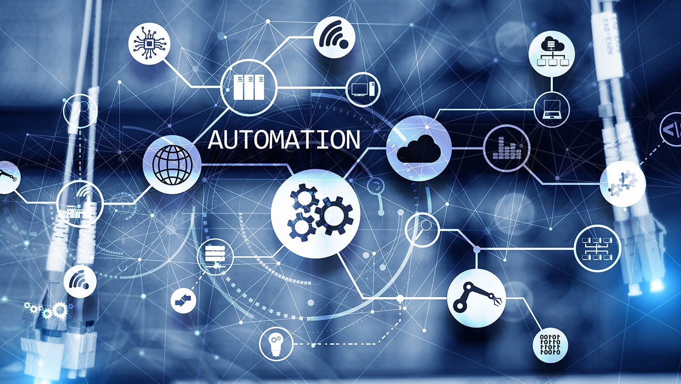 Business process automation concept on blurred network cabinets. New project 2025