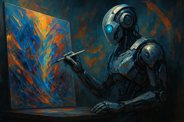 AI robot imagining and creating futuristic digital art