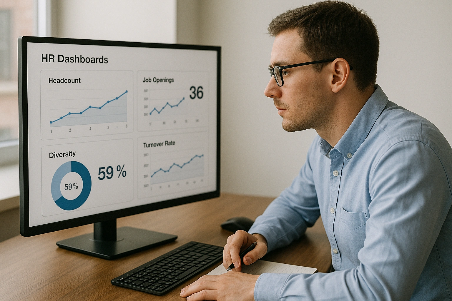 HR analyst using AI-powered dashboards to visualize workforce data.