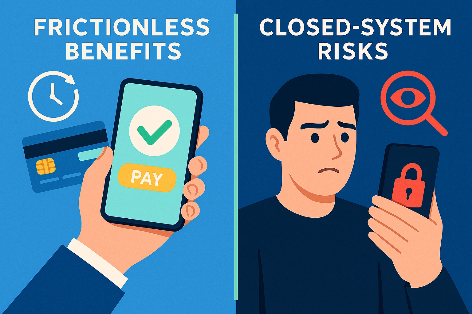 Pros & cons of AI scoring in FinTech, side-by-side lines and icons.