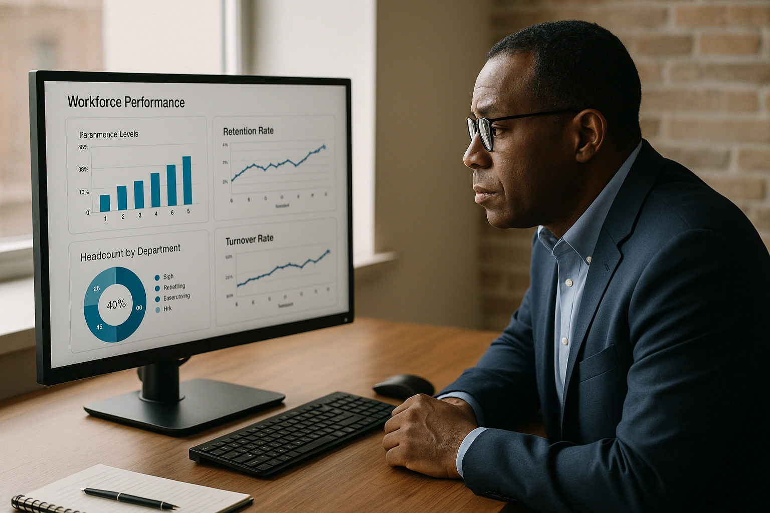 : HR leader examining an analytics dashboard showing workforce performance and retention trends.