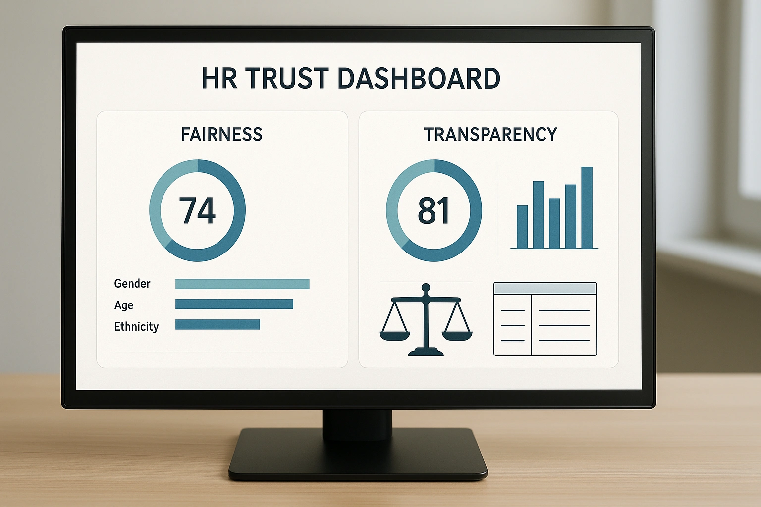 HR transparency dashboard displaying ethical audit indicators.