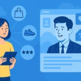 Blue-themed 16:9 illustration showing a user holding a tablet on the left and a personalized digital profile interface on the right, symbolizing personalized customer experiences