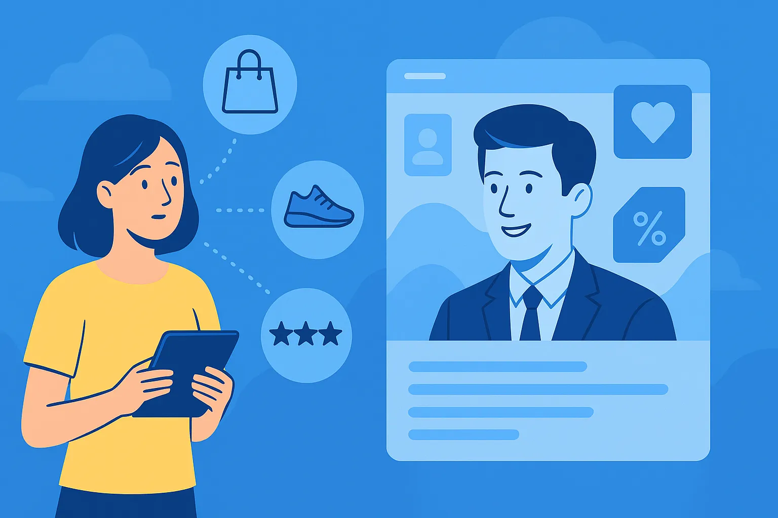 Blue-themed 16:9 illustration showing a user holding a tablet on the left and a personalized digital profile interface on the right, symbolizing personalized customer experiences