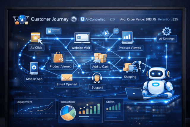 AI dashboard orchestrating different customer experience touchpoints under automation