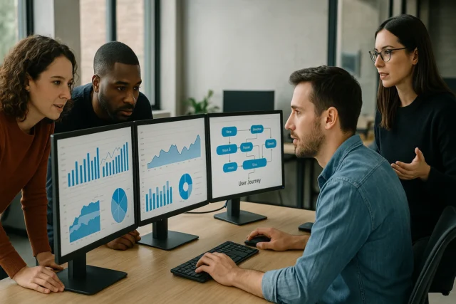 Collaborative team designing customer experience through data science and creative marketing synergy.