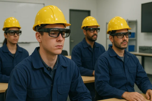 Employees in training using augmented reality glasses in a simulated industrial training environment