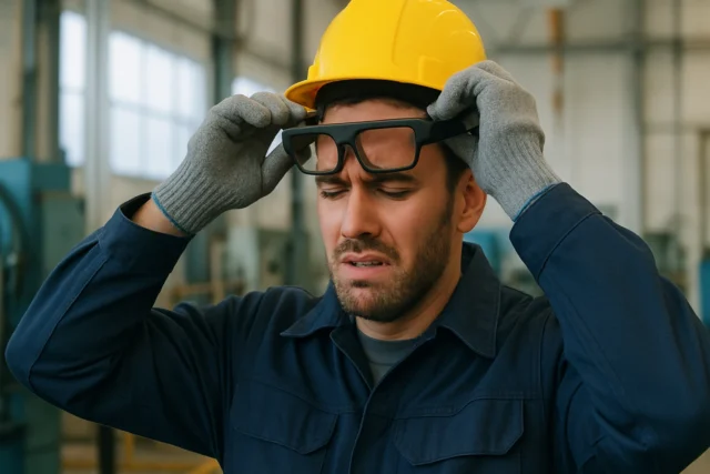 Factory employee taking off augmented reality headset displaying signs of fatigue or confusion