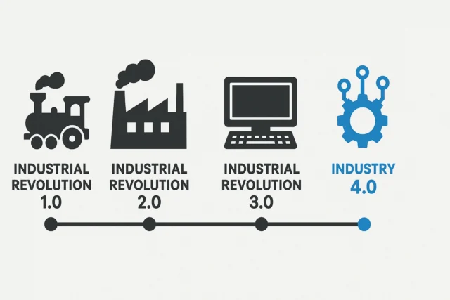 Graphic timeline showing progression from first Industrial Revolution to Industry 4.0 with technological icons