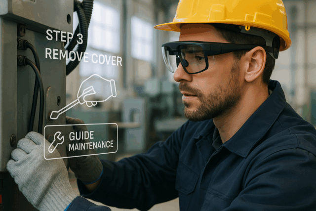 Industrial technician performing maintenance with augmented reality overlay of machine schematics
