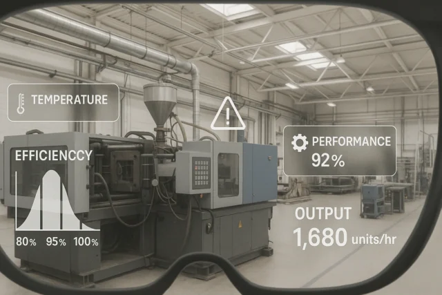 Worker wearing augmented reality glasses with digital overlays of factory data in real time environment