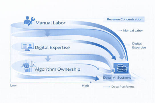 Conceptual visual showing value distribution shift from manual labor toward digital expertise and algorithm ownership. A layered flow diagram illustrates how revenue increasingly concentrates around AI systems and data platforms.