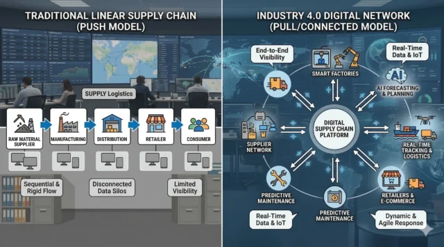 Comparison of traditional supply chain vs. Industry 4.0 interconnected network architecture in global logistics
