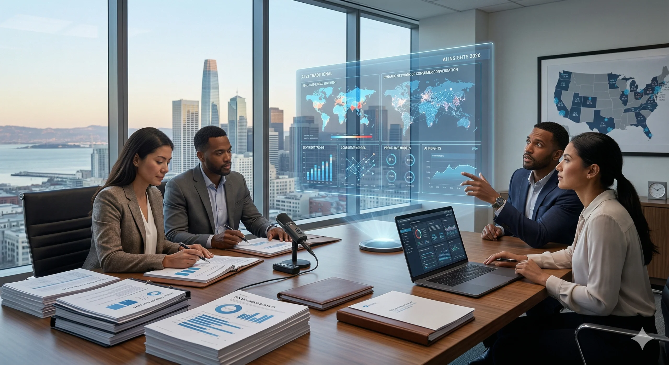 AI vs traditional market research : A comparative analysis of the evolving landscape of market research in the US by 2026, juxtaposing the data-driven efficiency of AI-powered insights with the depth and nuance of traditional methodologies. The visual depicts a sophisticated business environment where global teams leverage a blend of real-time predictive analytics, large language models, and automated surveys alongside in-depth qualitative interviews, ethnographic studies, and focus groups. This hybrid approach represents the strategic sweet spot for US businesses aiming to understand and anticipate rapidly shifting consumer behaviors and market trends in a volatile economic and technological climate. The image features icons of digital interfaces, data streams, and algorithms contrasting with human interaction, paper reports, and brainstorming sessions, symbolizing the integration of technology and human expertise. This visualization serves as a crucial guide for US business leaders navigating the complexities of market intelligence in 2026, highlighting the need for a nuanced understanding of when and how to deploy AI versus traditional research for optimal decision-making and competitive advantage.