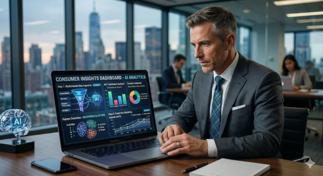 Business leader reviewing AI-generated consumer insights dashboard on laptop
