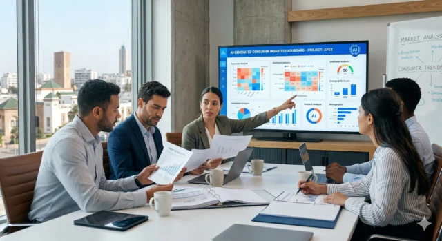 AI vs traditional market research : Business team reviewing AI-generated consumer insights dashboard alongside traditional research report