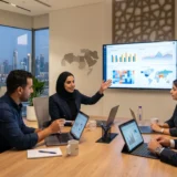 Mena brand marketing team analyzing AI market research data in a Dubai office
