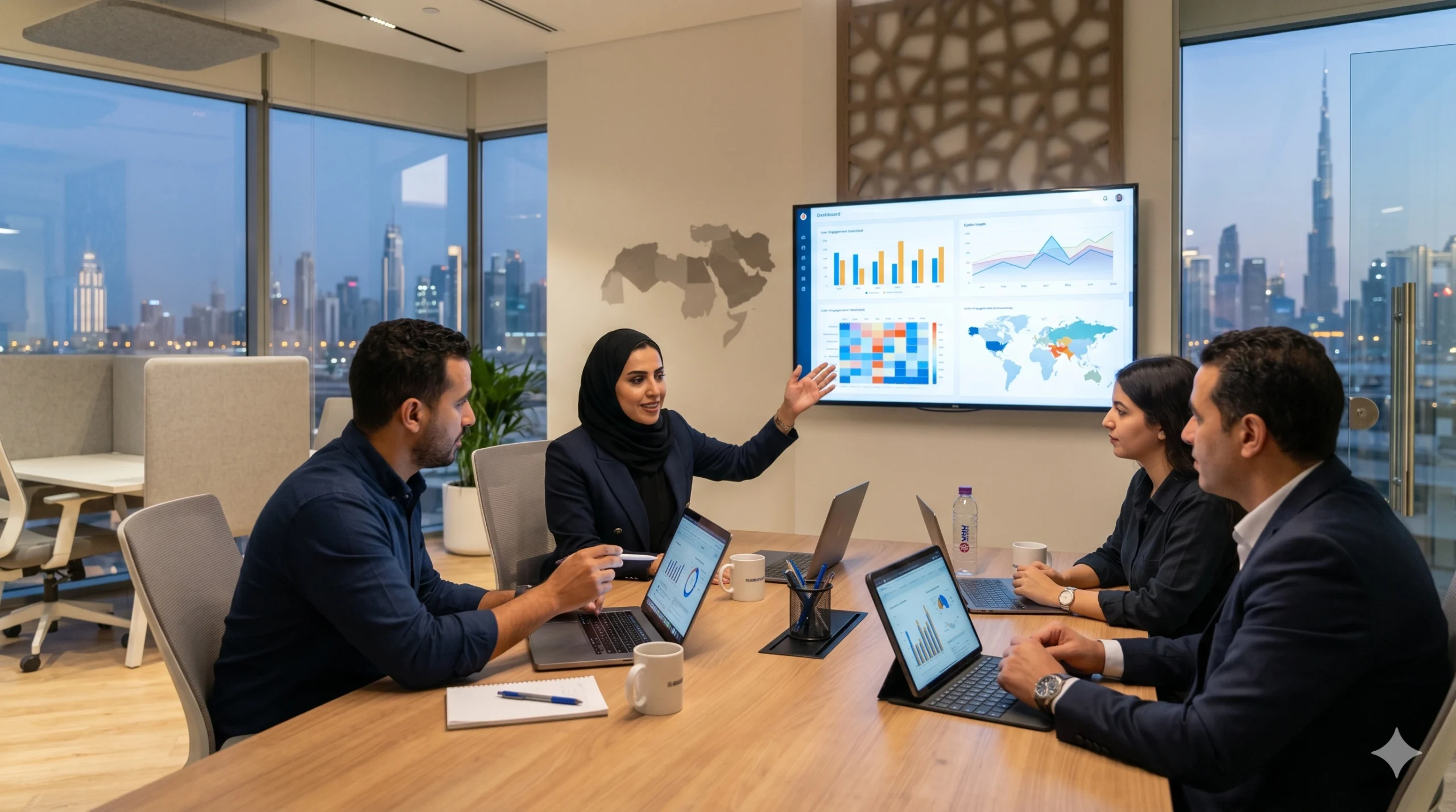 Mena brand marketing team analyzing AI market research data in a Dubai office