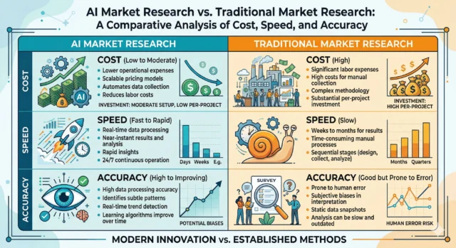 ai vs traditional market research: Side-by-side comparison chart AI market research vs traditional market research cost, speed, and accuracy