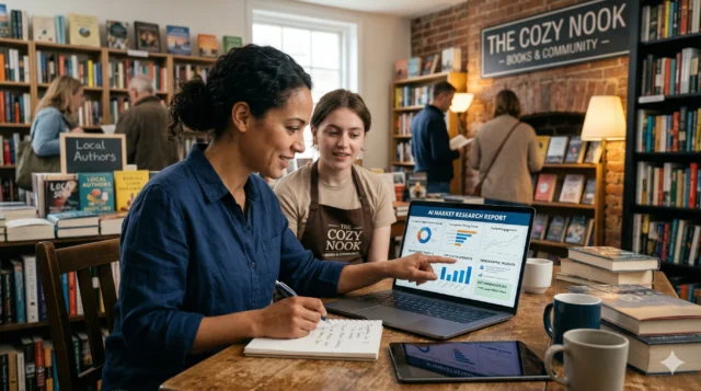 Two women using an AI market research tool for small business strategy inside their independent bookstore, The Cozy Nook.