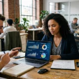 ai market research for small businesses : Two small business entrepreneurs analyzing AI market research data visualizations on a laptop in a modern co-working space hub.