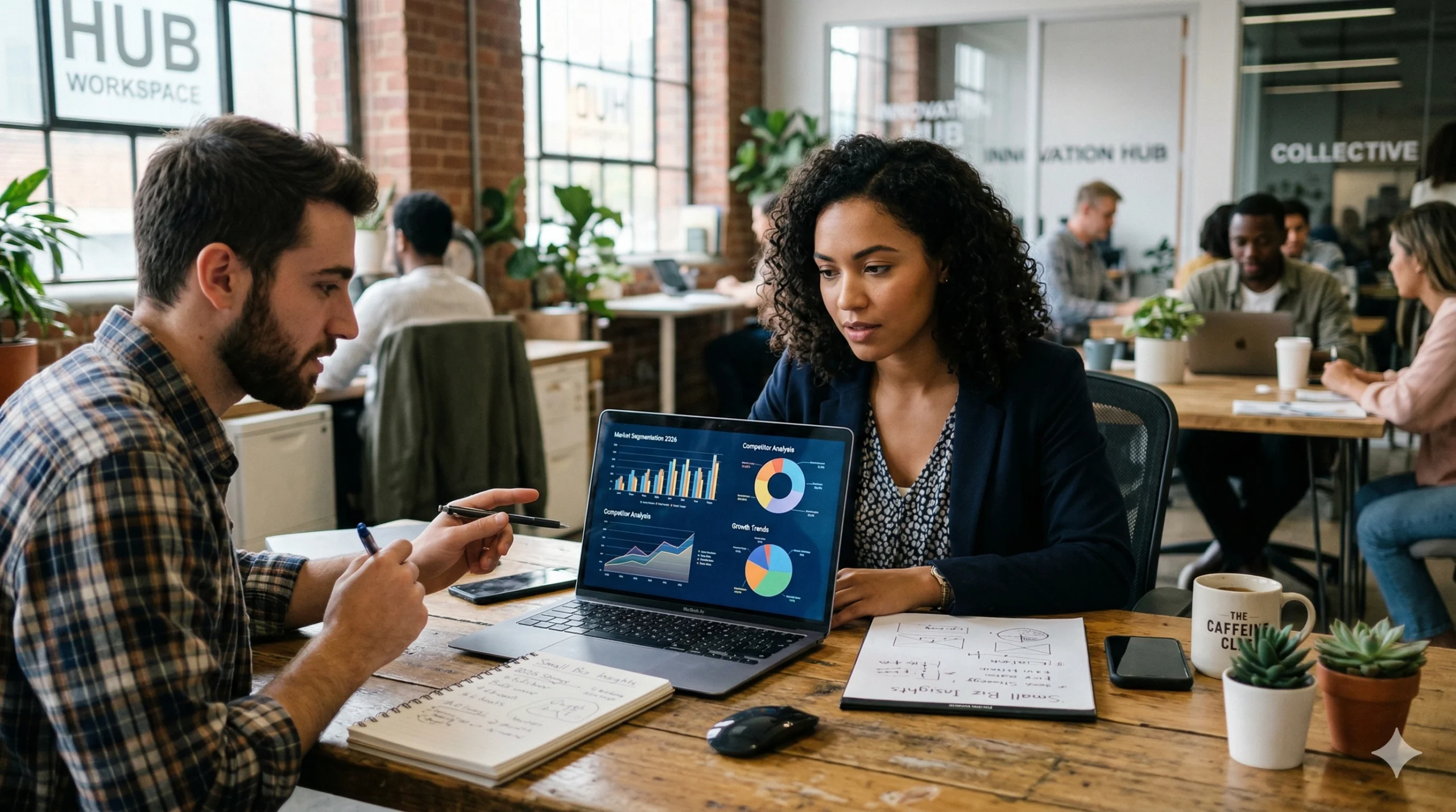 ai market research for small businesses : Two small business entrepreneurs analyzing AI market research data visualizations on a laptop in a modern co-working space hub.