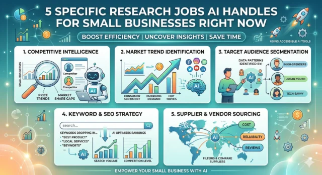 Infographic illustrating 5 specific research jobs AI handles for small businesses right now, including competitive intelligence, market trend identification, and SEO strategy