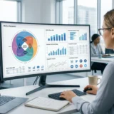 A professional market researcher analyzing a digital dashboard showing AI-generated consumer insights, data diagrams, and market trend statistics in a modern office.