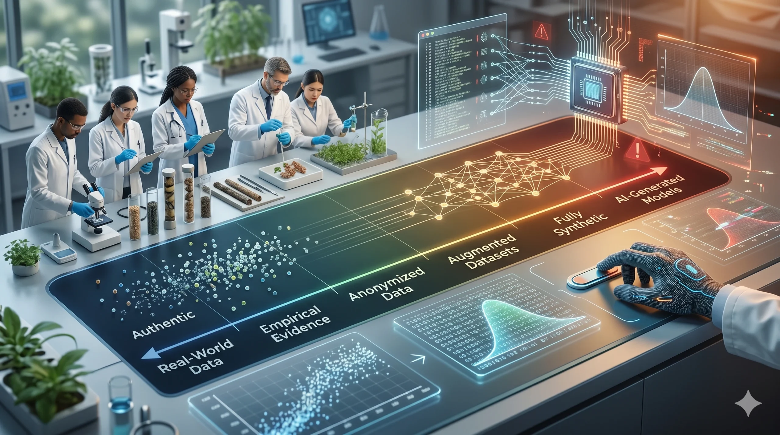 A wide-angle, conceptual illustration of a research laboratory featuring a glowing "sliding scale" interface that transitions from authentic, real-world data to fully AI-generated simulations. On the left, human researchers analyze empirical evidence, while on the right, a robotic hand adjusts a slider toward a digital neural network, representing the balance of synthetic data in market research.