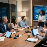 best ai focus group platforms 2026: A corporate US research team in a modern boardroom analyzing data from the best AI focus group platforms on a large digital display screen.