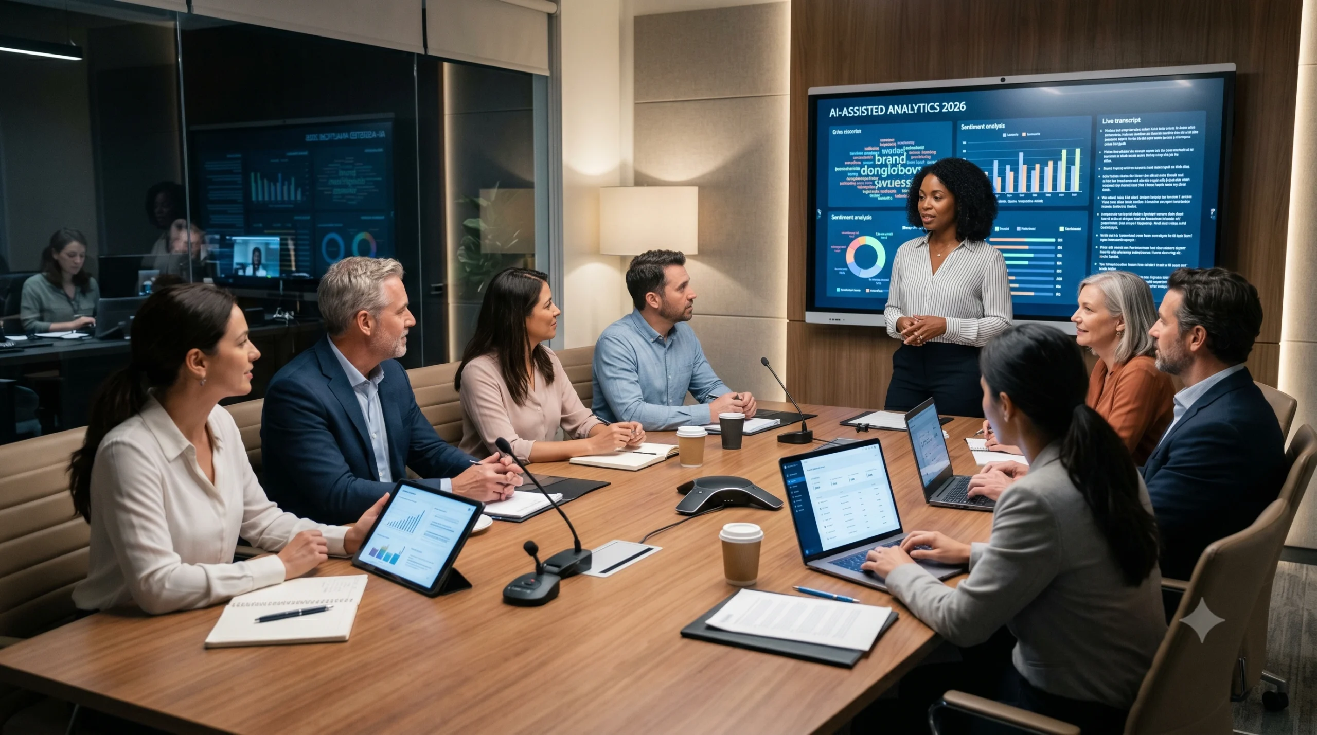 best-ai-focus-group-platforms-2026 best ai focus group platforms 2026: A corporate US research team in a modern boardroom analyzing data from the best AI focus group platforms on a large digital display screen.
