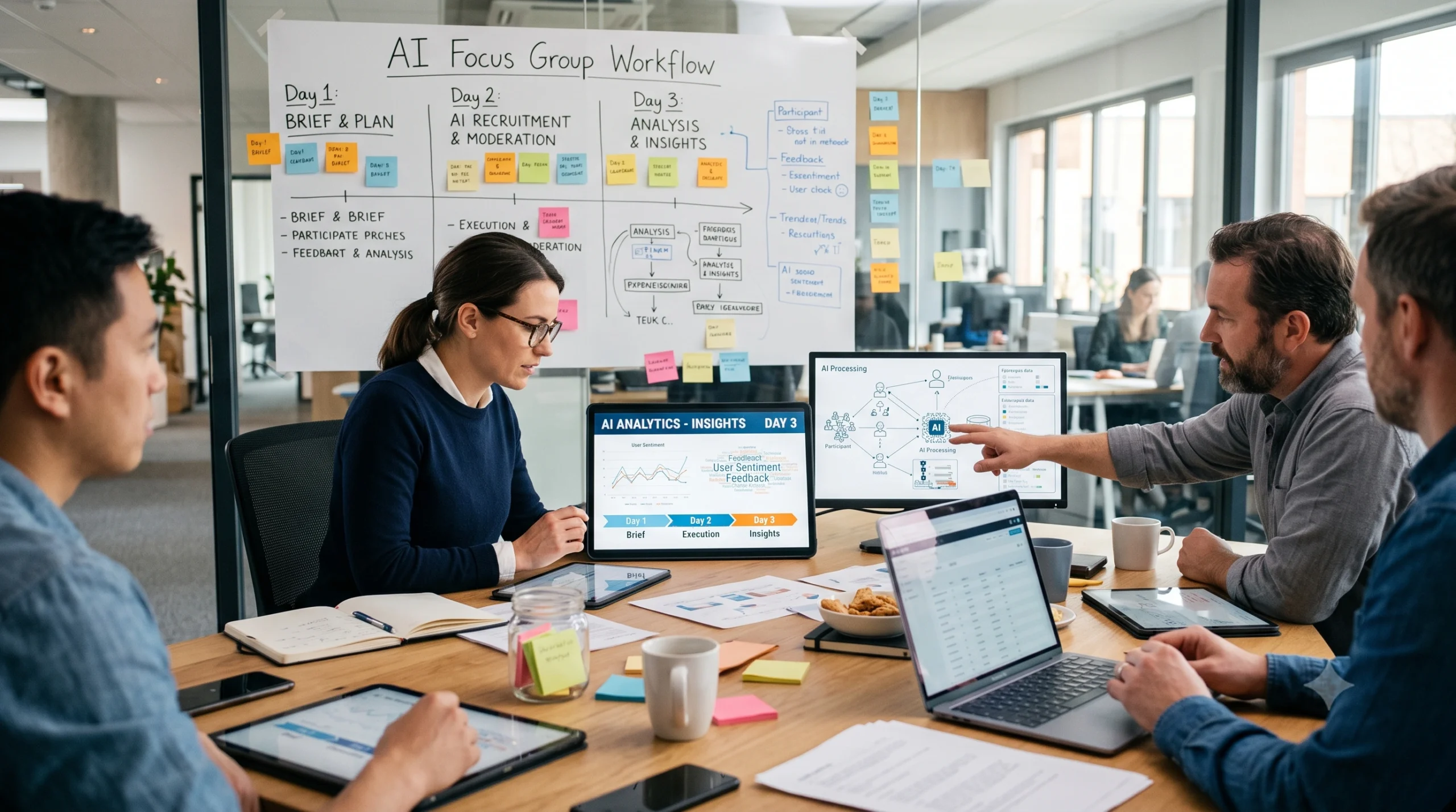 First-time researcher reviewing AI focus group setup checklist on laptop showing beginner-friendly platform interface First-time researcher reviewing AI focus group setup checklist on laptop showing beginner-friendly platform interface