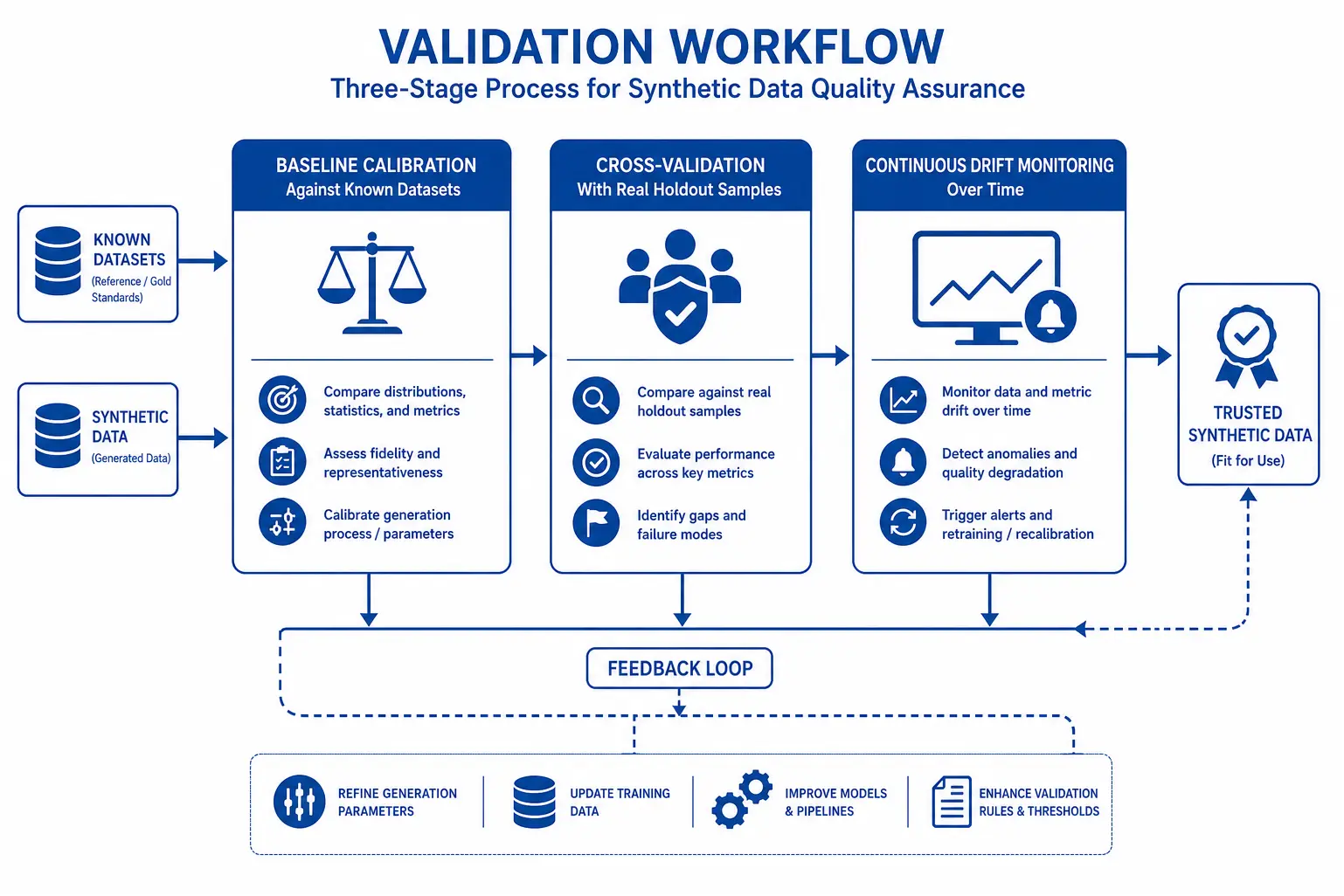 Three-stage validation workflow diagram for ensuring synthetic respondent data quality and accuracy